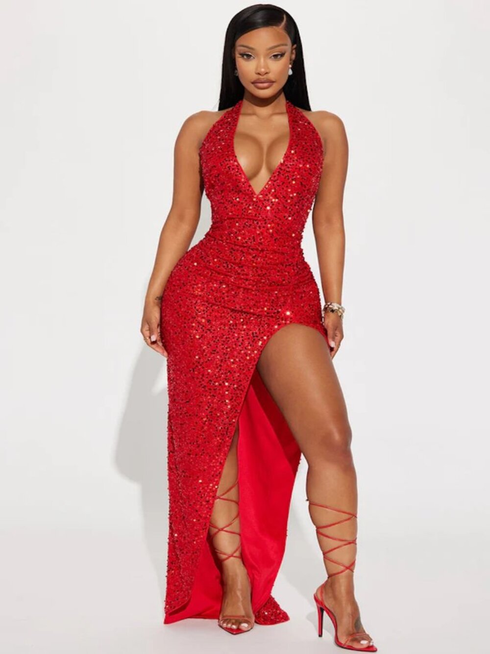 Fashion Nova "Hailie" Sequin Maxi Dress Red, size L NWT